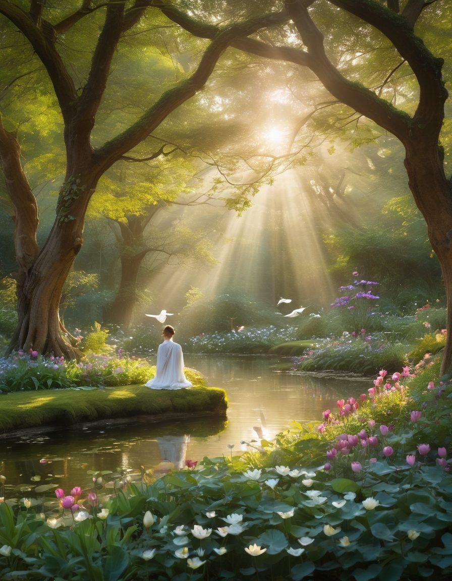 A serene and mystical scene depicting a spiritual gathering in a lush garden, where couples are engaged in intimate yet respectful interactions symbolizing sacred sexuality. Ethereal light filters through ancient trees, illuminating symbols of faith like lotus flowers and doves. The atmosphere is vibrant and harmonious, with soft colors blending seamlessly. Incorporate elements of nature and spirituality to evoke a sense of divine intimacy and connection. painting. ethereal colors. natural elements.