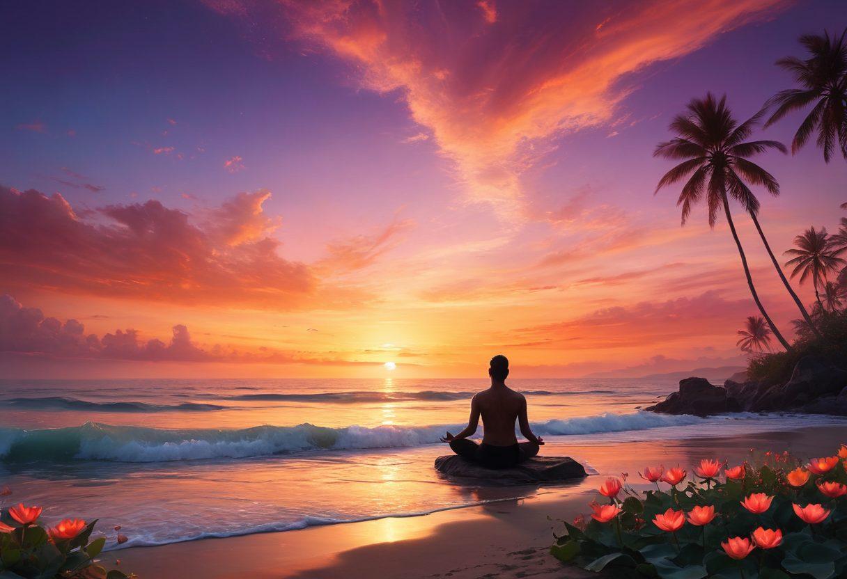 A serene landscape depicting a tranquil sunset over a peaceful ocean, with ethereal silhouettes of a meditating couple intertwining, symbolizing the connection between sexuality and spirituality. Gentle waves whisper on the shore, surrounded by blooming lotus flowers that radiate soft, glowing light. The sky transitions from warm oranges to deep indigos, creating a feeling of transformation and awakening. surreal. vibrant colors. dreamlike atmosphere.