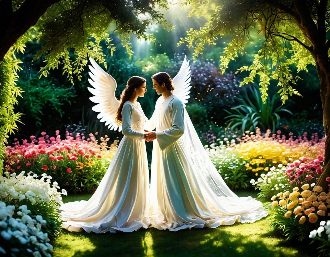 A serene scene depicting an ethereal figure with a celestial aura gently guiding a couple through a lush garden filled with blooming flowers and soft light, symbolizing the harmony between faith and sensuality. The couple is engaged in a tender moment, reflecting joy and intimacy, while subtle hints of spirituality, like gentle rays of light and delicate angelic motifs, surround them. The overall atmosphere is warm and inviting, evoking a sense of divine connection. super-realistic. vibrant colors. soft focus.